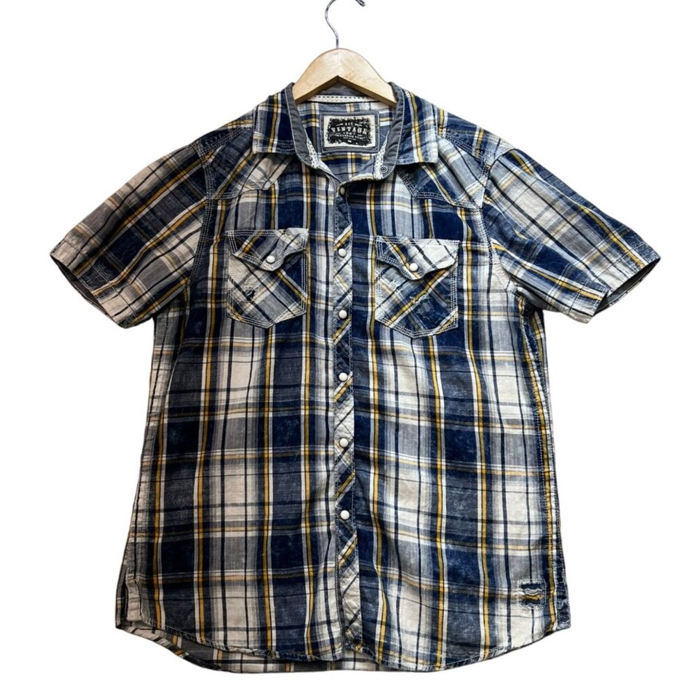 BKE Men Short Sleeve Button Up Shirt Medium Blue Plaid Vintage 1967 Standard Fit - Picture 1 of 12